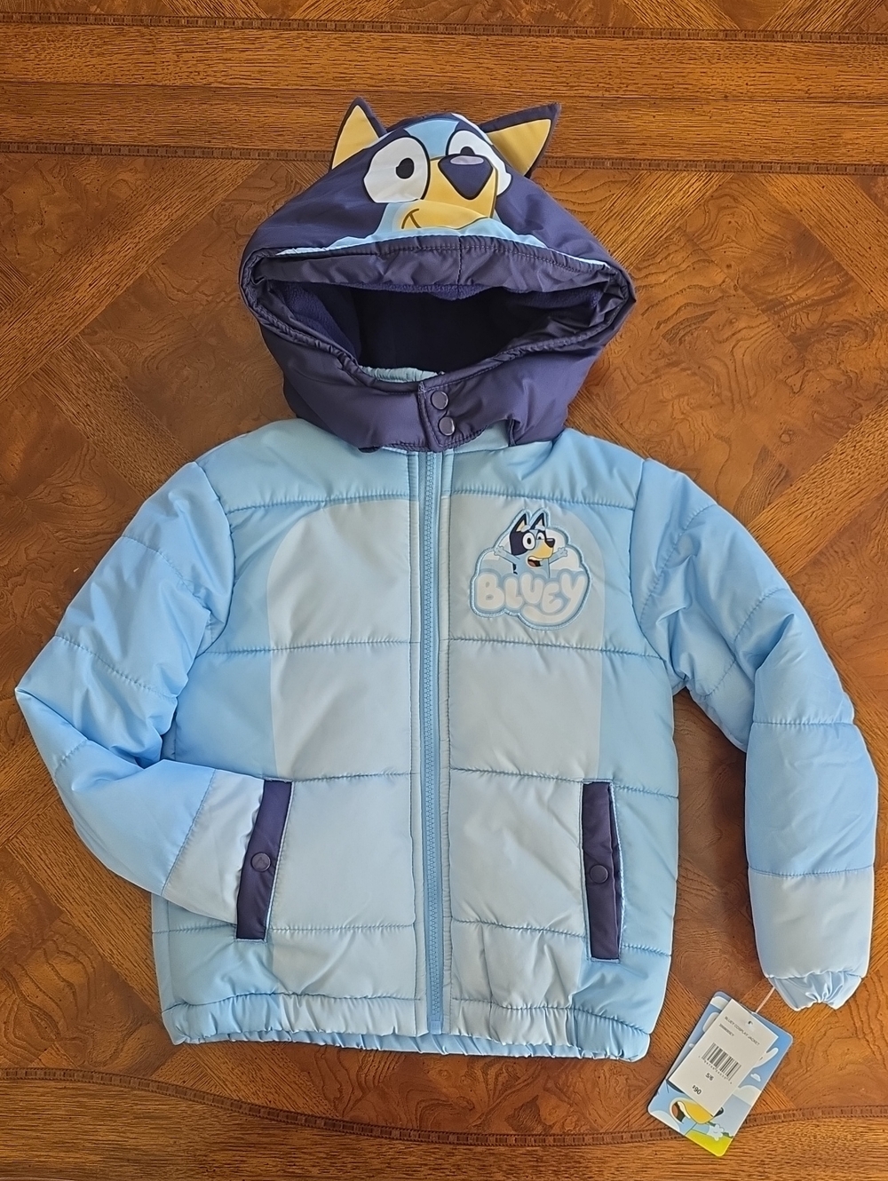 Bluey Cosplay Puffer Jacket with Character Hood Light Blue - Kids Size 5/6 - NEW